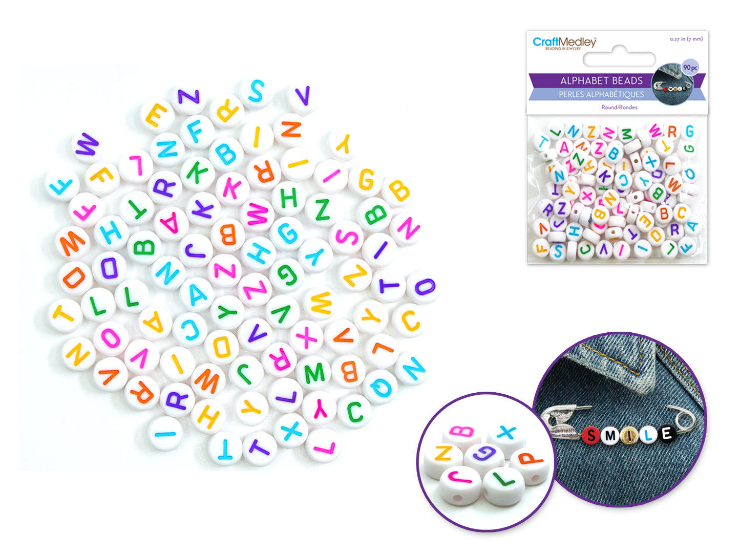 Alphabet Beads: White w/Multi color Letter