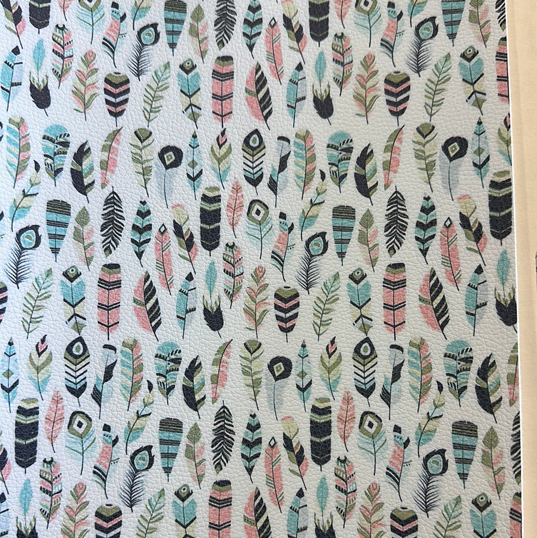 Faux Leather Small Feather Pattern Pinks blues