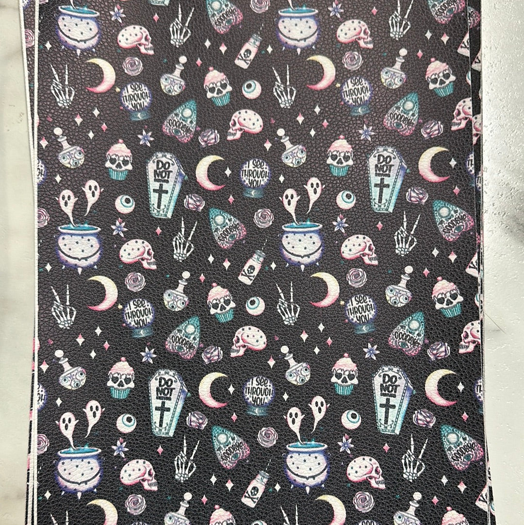 Faux Leather skeletons potions etc Pattern on Black