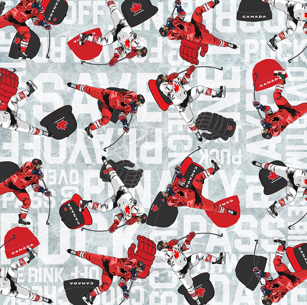 Hockey Face Off Grey Quilting Cotton 45" YD