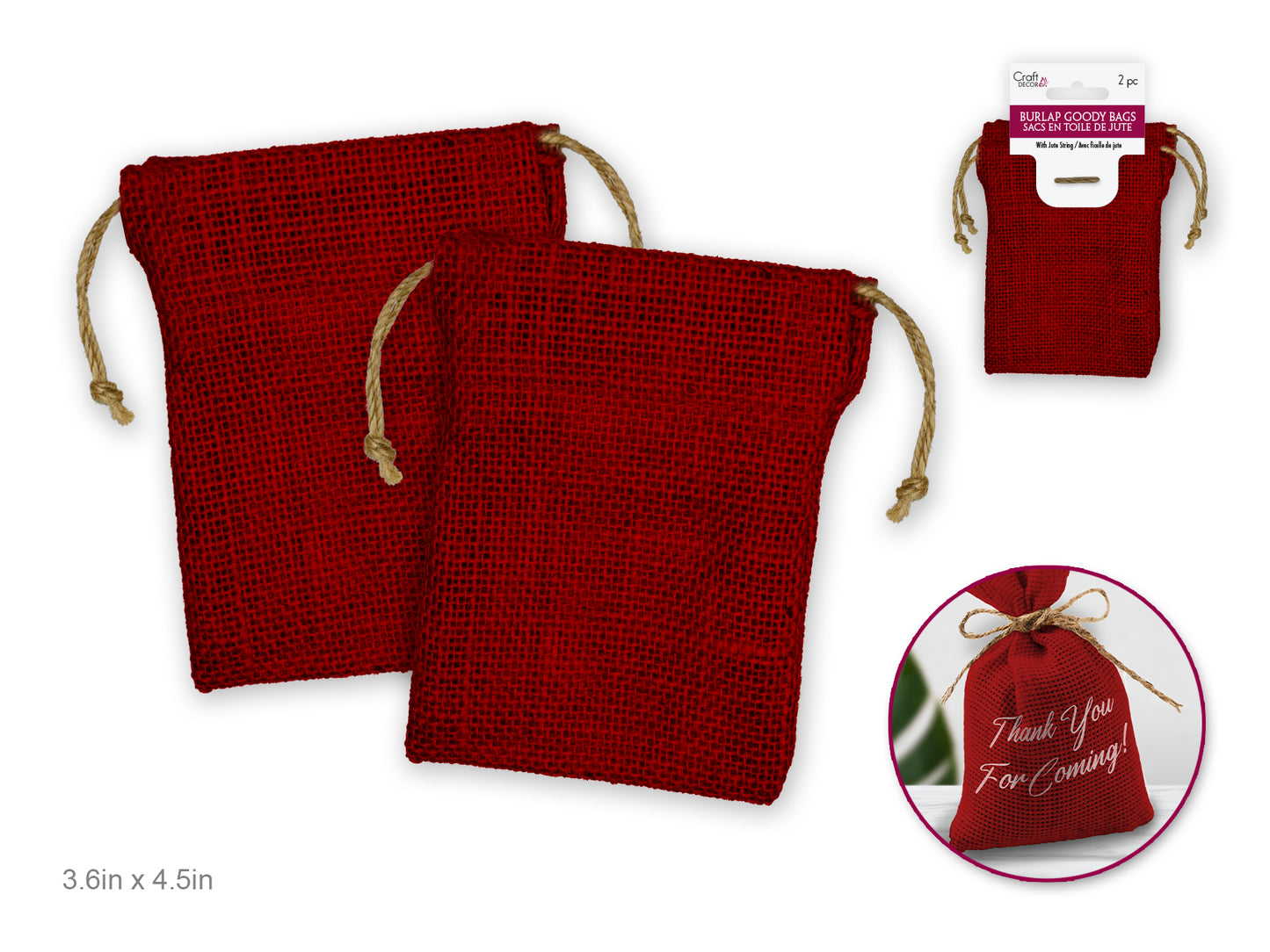 3.6"x4.5" Burlap Goody Bags 2PK RED