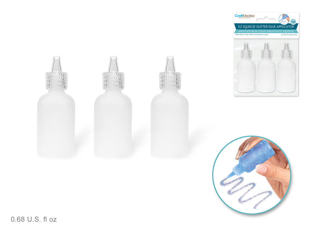 20ml EZ-Squeeze Glitter Glue Bottle Applicator 3pc w/Screw-Top