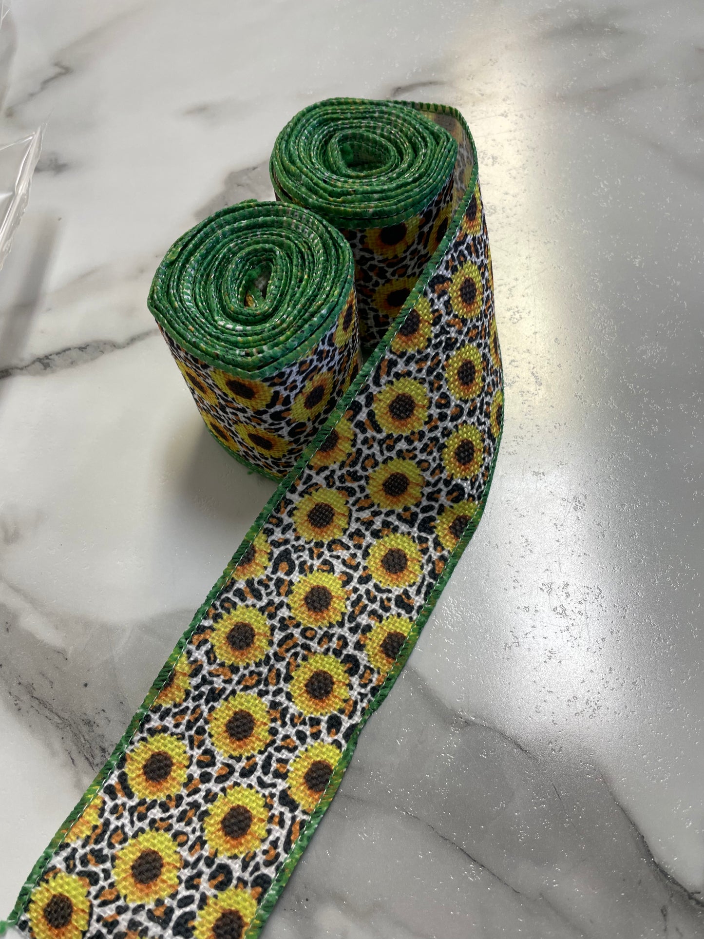 Leopard Sunflowers Wire Edged Linen Ribbon