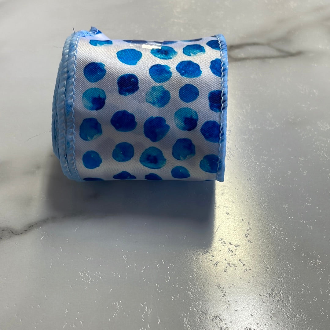 Blue Watercolor Spots Satin Wire Edged Ribbon