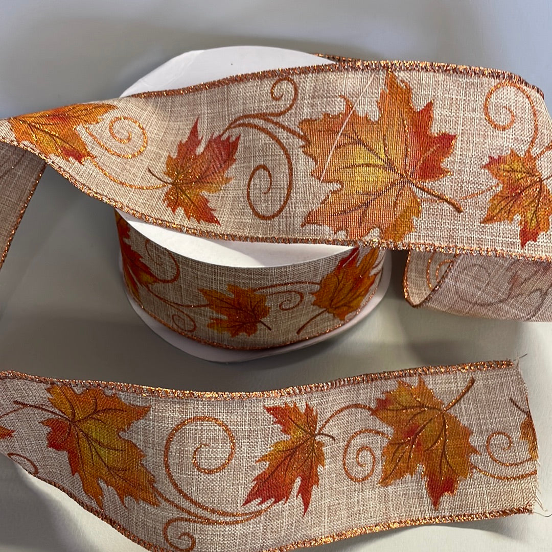 Autumn Leaves Wired Ribbon 50MM