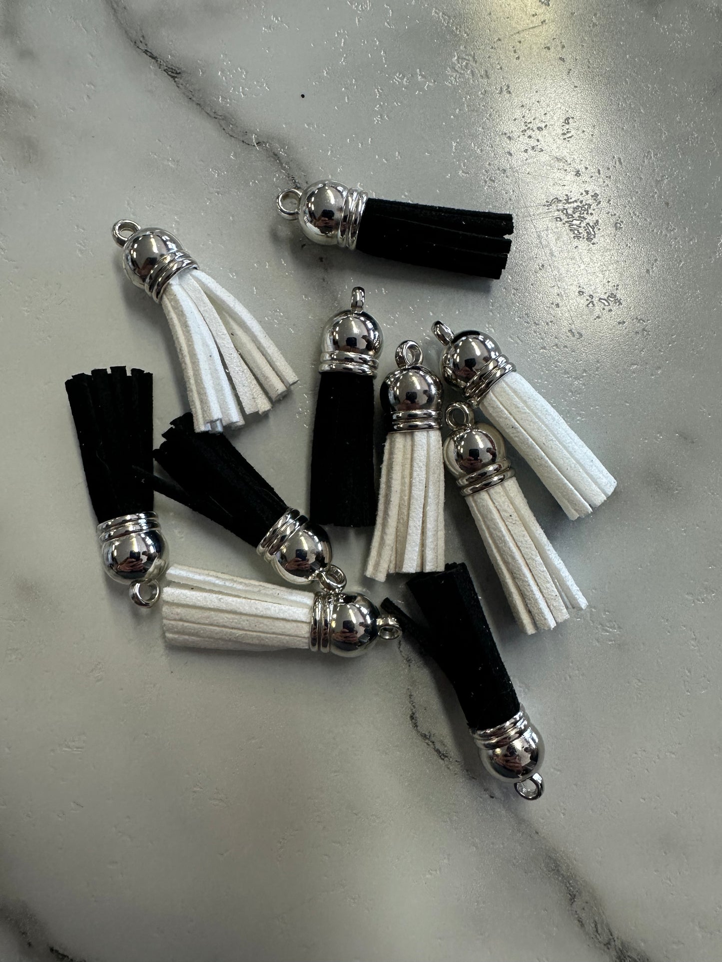 Tassels- 1.5 inch Black and White with Silver Top