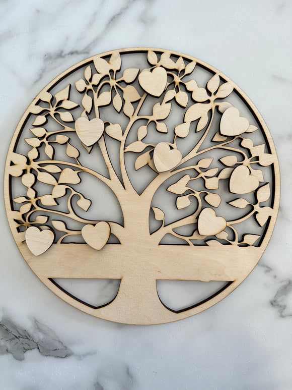 12' round Family Tree w 6 hearts Cutout
