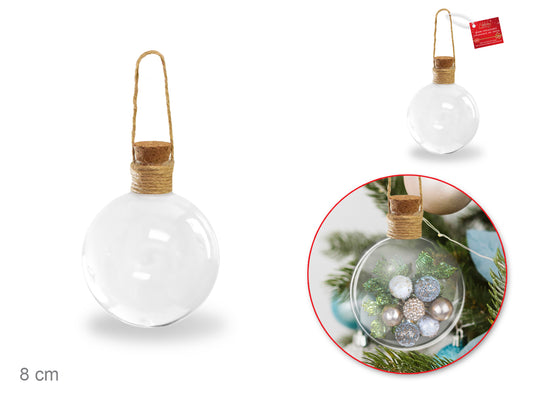 8cm Clear Ornament Glass Ball w/Cork Lid+Jute Hanger