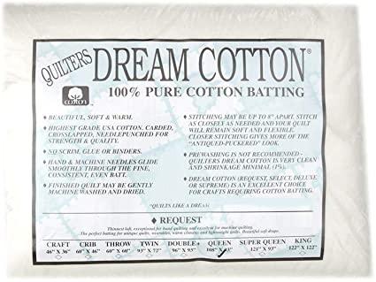 Quilters Dream White 100% Cotton Batting - Queen 108"X93"