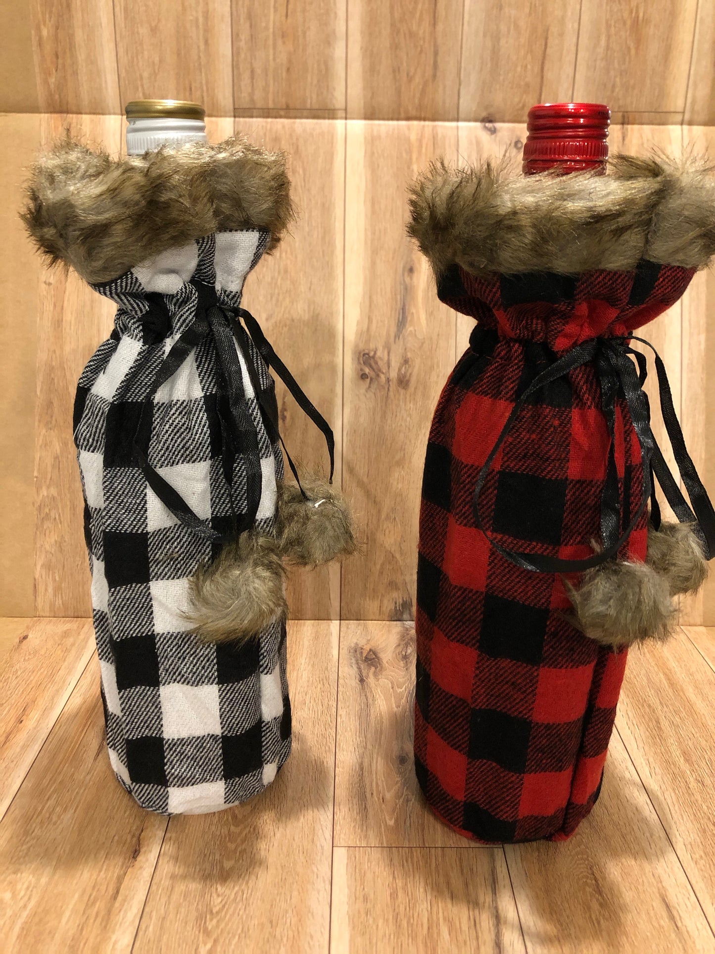Fur topped Plaid Wine Bags with Pom Pom ties