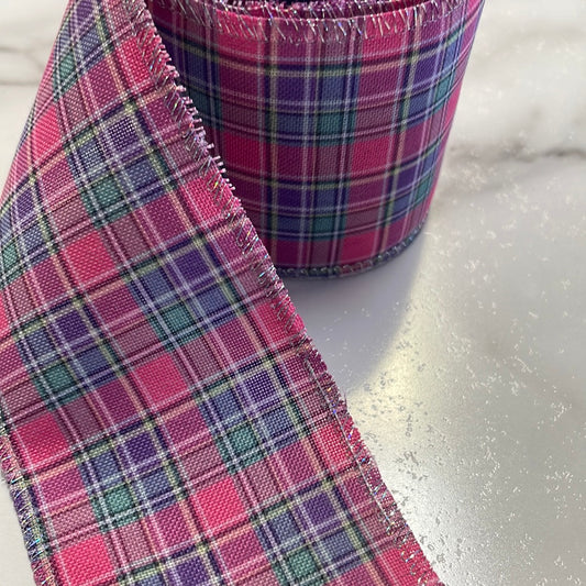 Pink Plaid Linen Wire Edged Ribbon