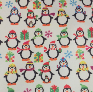 Penguins with gifts and snowflakes Waterproof Fabric