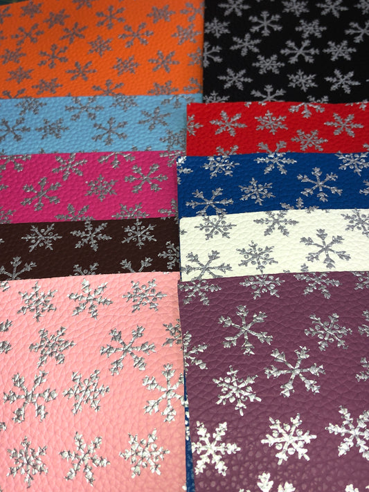 Faux Leather  - Silver Snowflakes  Litchi - Asstd colors