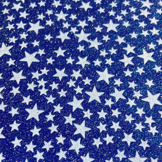 Blue with White Stars Glitter Faux Leather