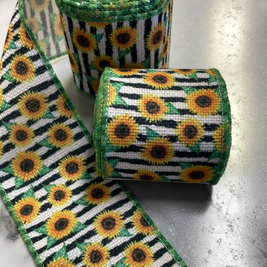 Stripes Sunflowers Wire Edged Linen Ribbon